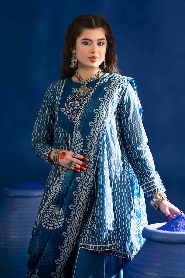 3 Piece – Printed Embroidered Suit – PE25-96 (INDIGO)