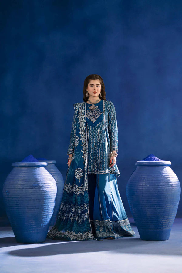 3 Piece – Printed Embroidered Suit – PE25-96 (INDIGO)