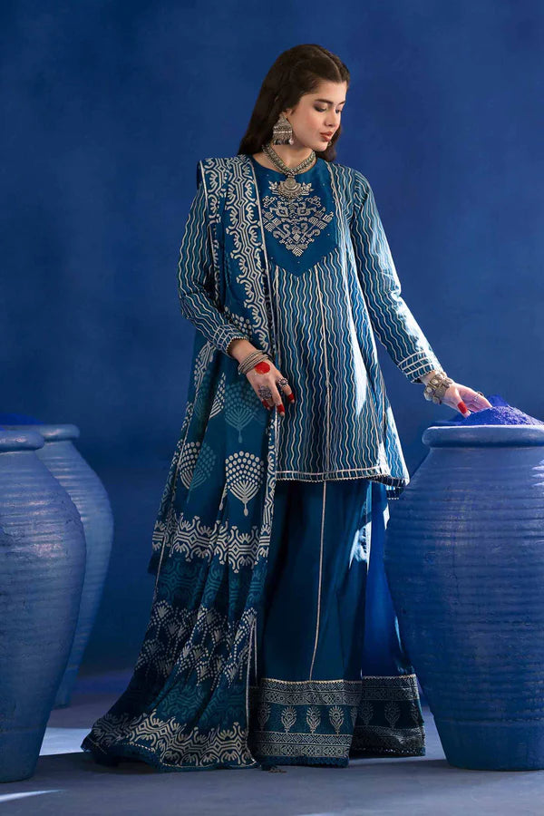 3 Piece – Printed Embroidered Suit – PE25-96 (INDIGO)