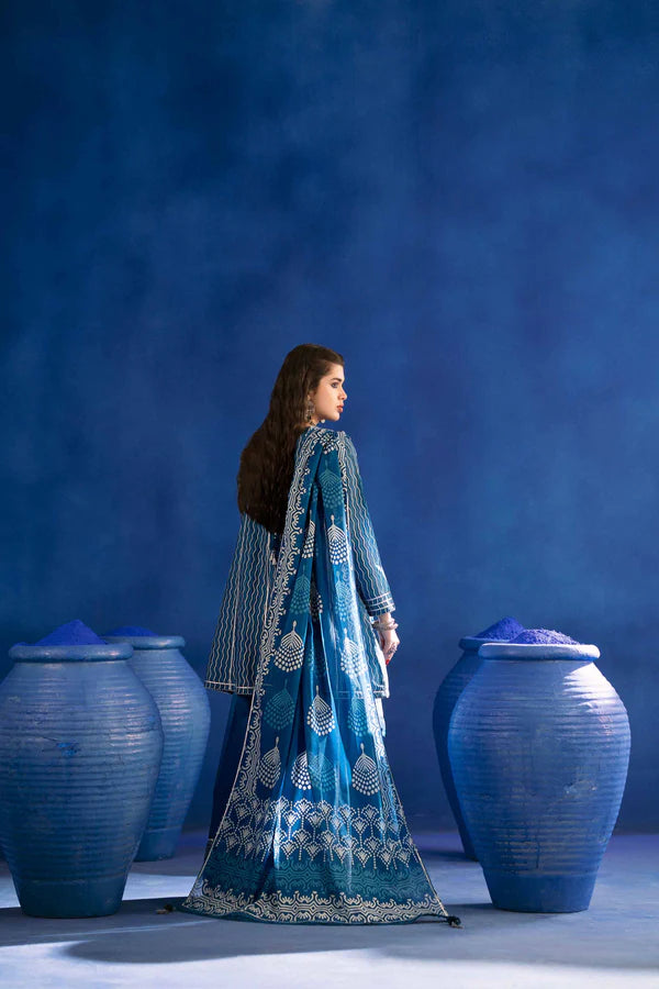3 Piece – Printed Embroidered Suit – PE25-96 (INDIGO)