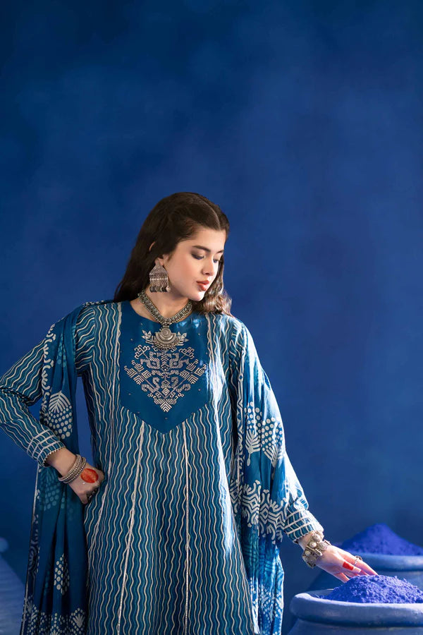 3 Piece – Printed Embroidered Suit – PE25-96 (INDIGO)
