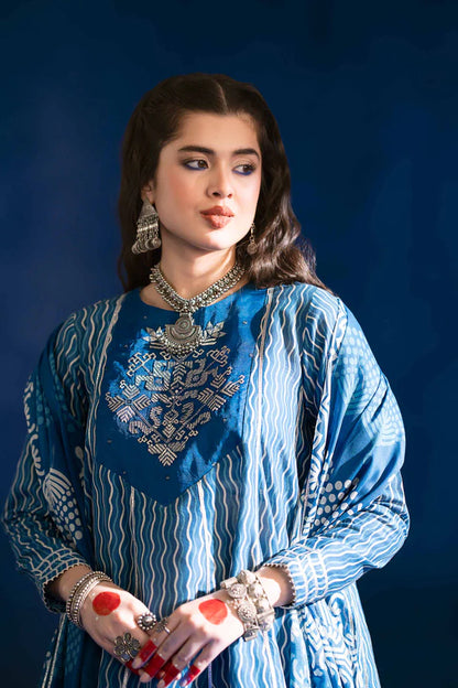 3 Piece – Printed Embroidered Suit – PE25-96 (INDIGO)