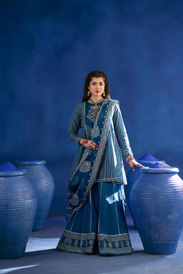 3 Piece – Printed Embroidered Suit – PE25-96 (INDIGO)